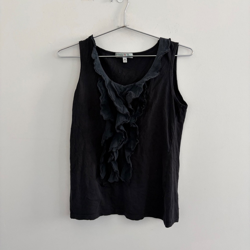 Vintage Suzie Black Ruffle Front Tank Top Sleeveless Shirt Medium Made in USA